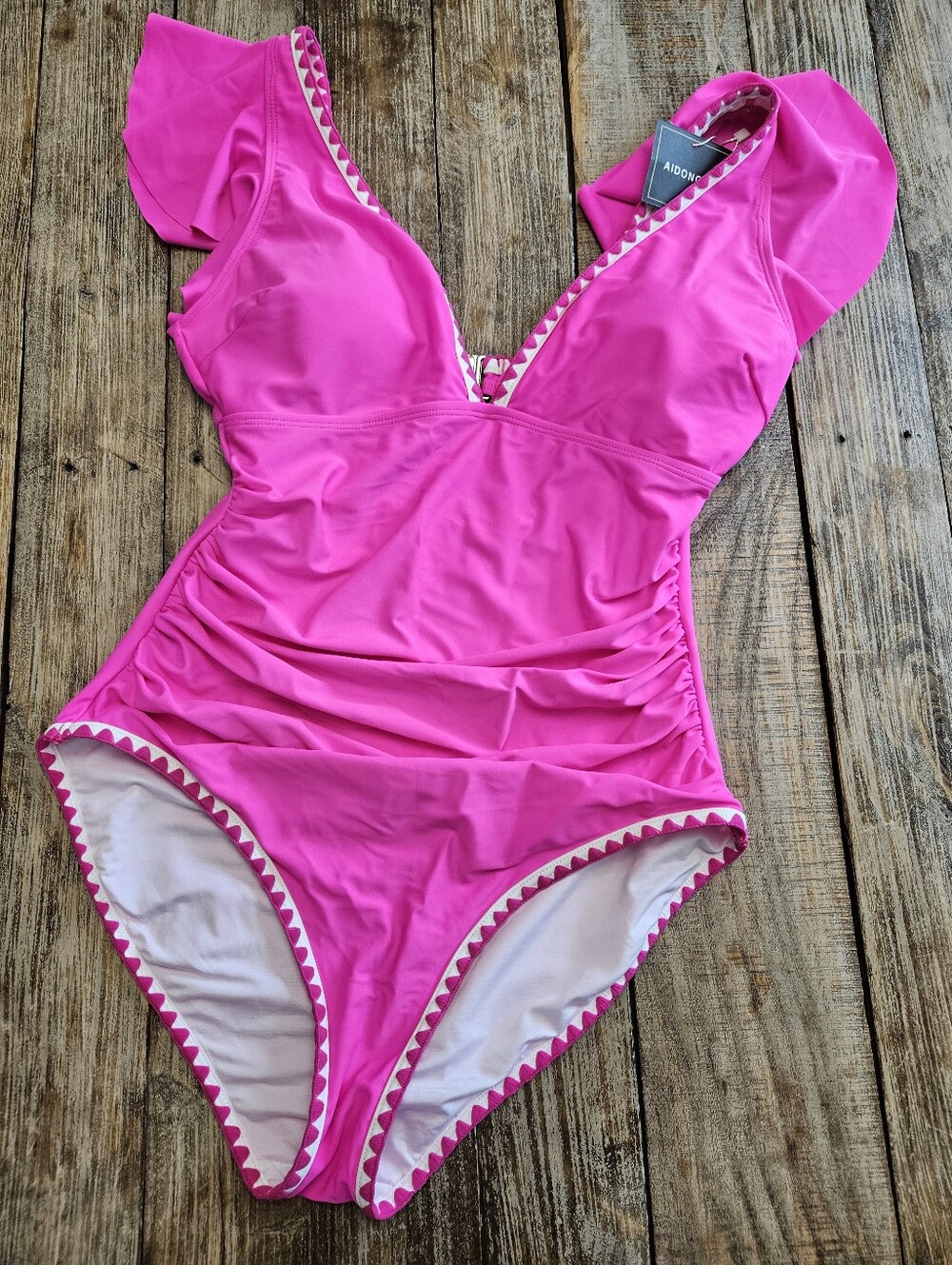 Aidonger Hot Pink Ruffle Sleeve Tummy Control One Piece Swimsuit NWT Medium